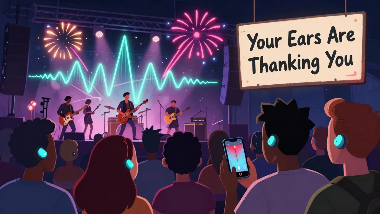 Concert crowd wearing glowing earplugs as sound waves burst around them.