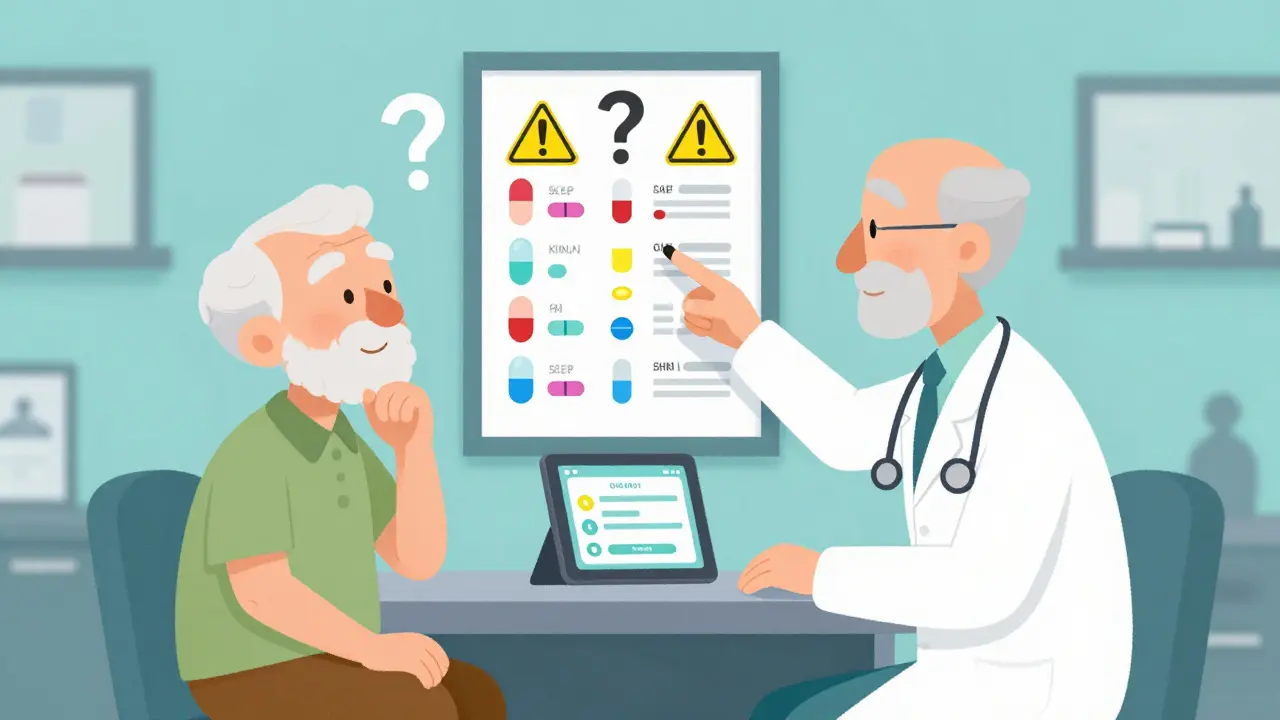 Elderly patient and caregiver discussing meds with doctor using a visual pill chart.