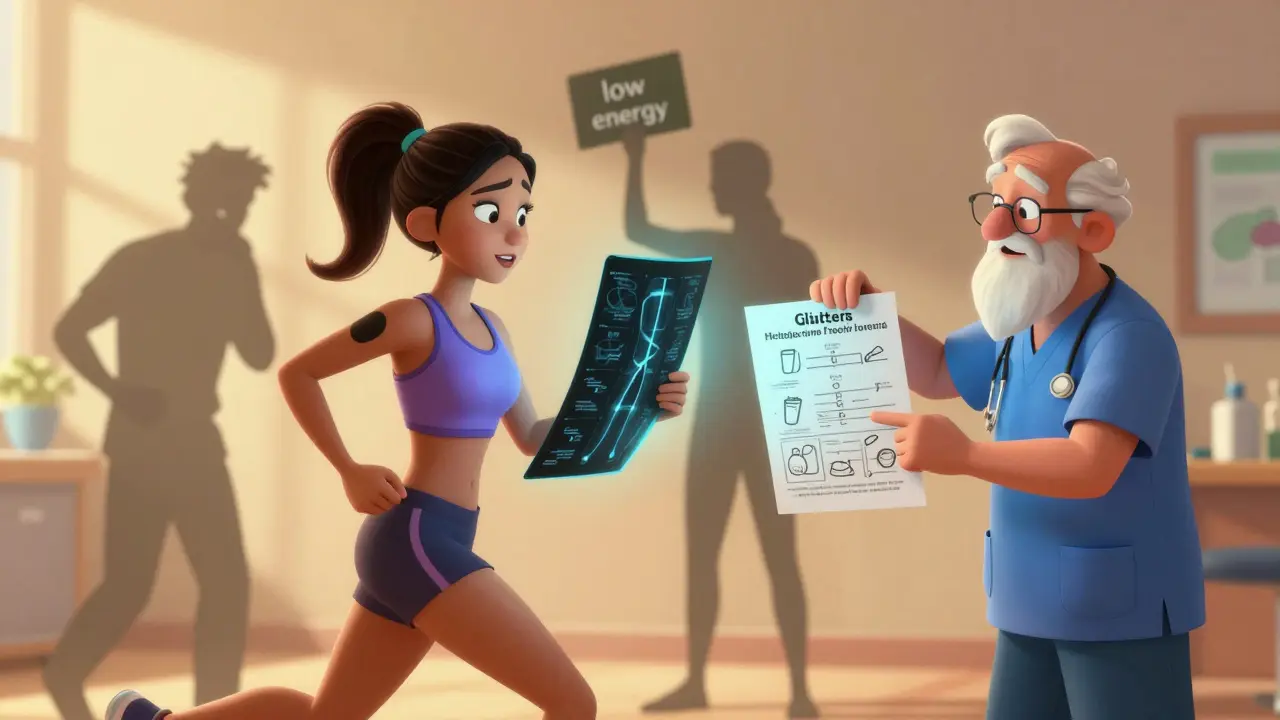 Female runner with DXA scan and physical therapist, surrounded by symbols of proper recovery and past mistakes.