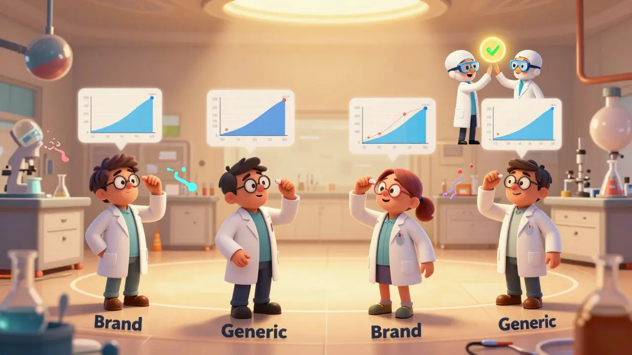Four patients in a lab taking pills in sequence, with floating narrow bioequivalence graphs above them.