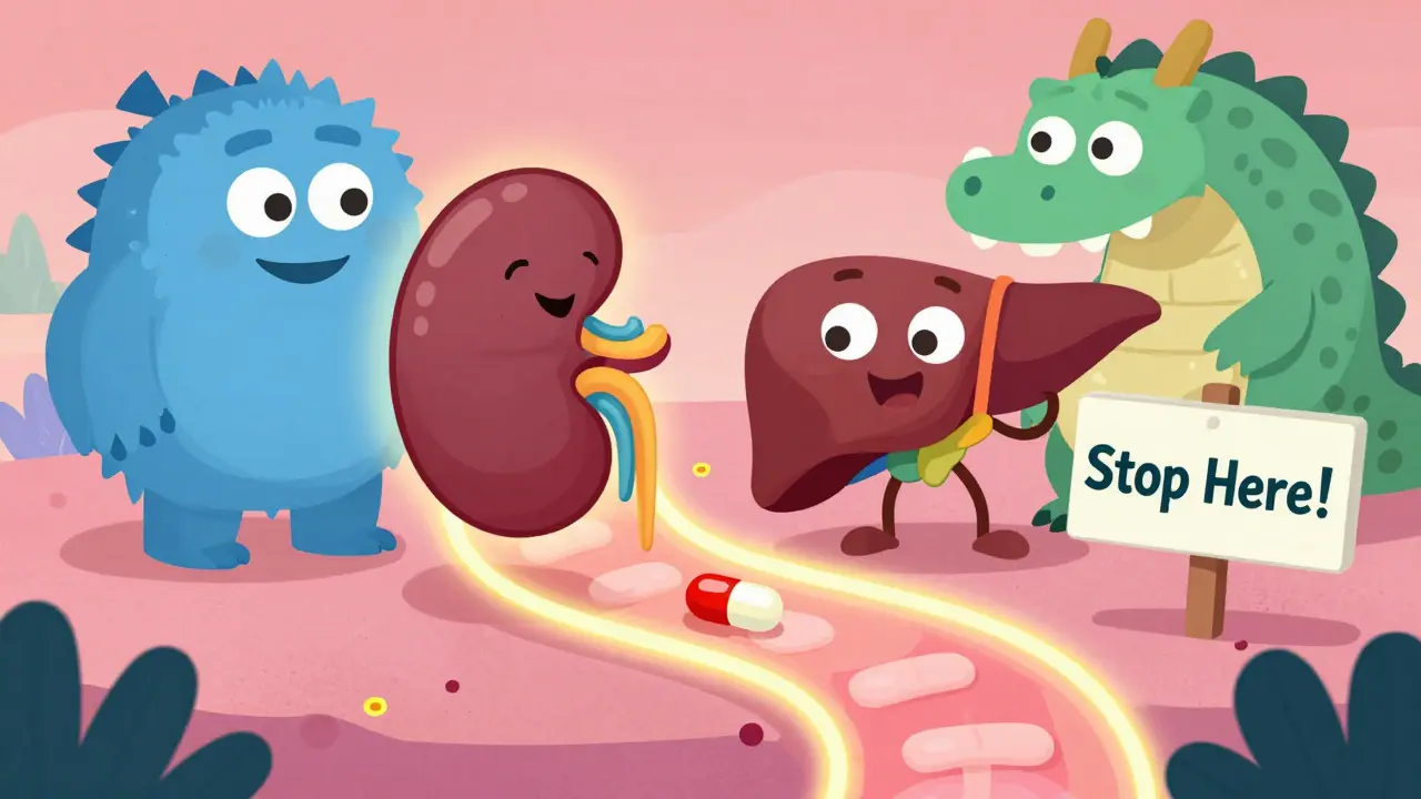 Friendly kidney and liver guarding a metformin pill, keeping away alcohol and dehydration monsters.