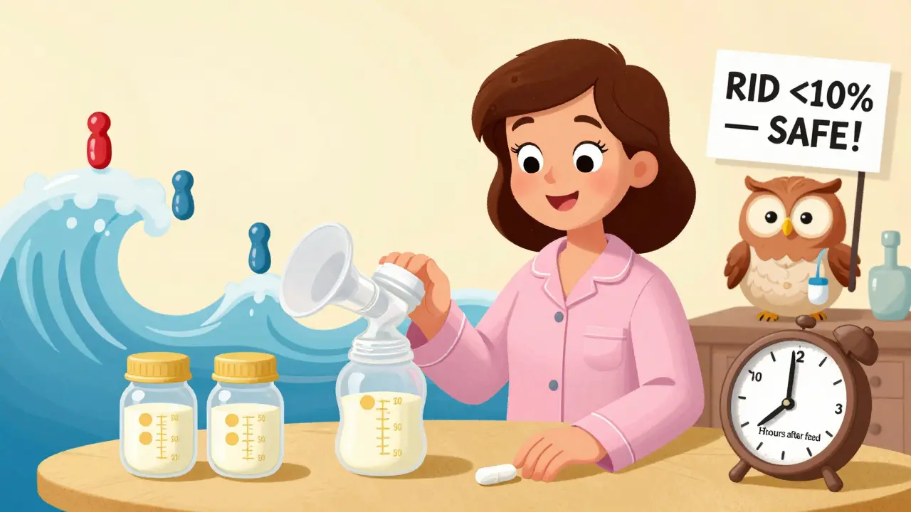 Mother storing breast milk with a clock and pill, illustrated with friendly medical symbols showing safe medication timing.