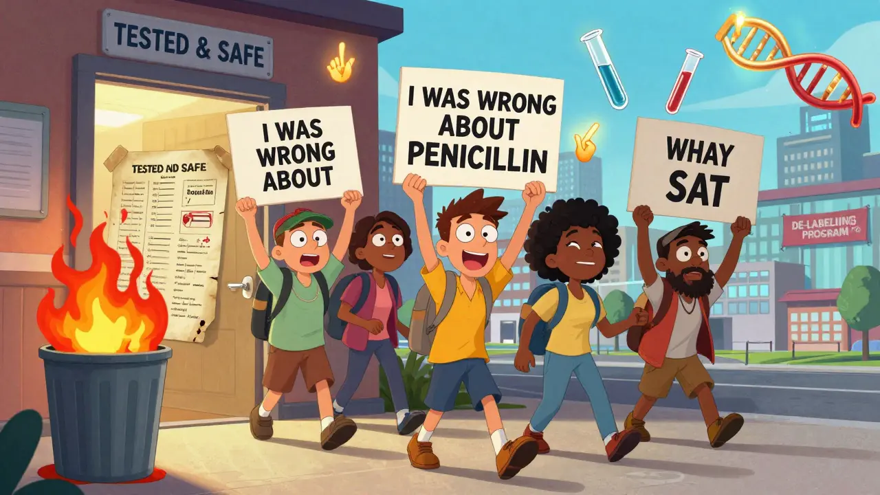 People celebrate after drug allergy testing, leaving behind outdated allergy labels in flames.