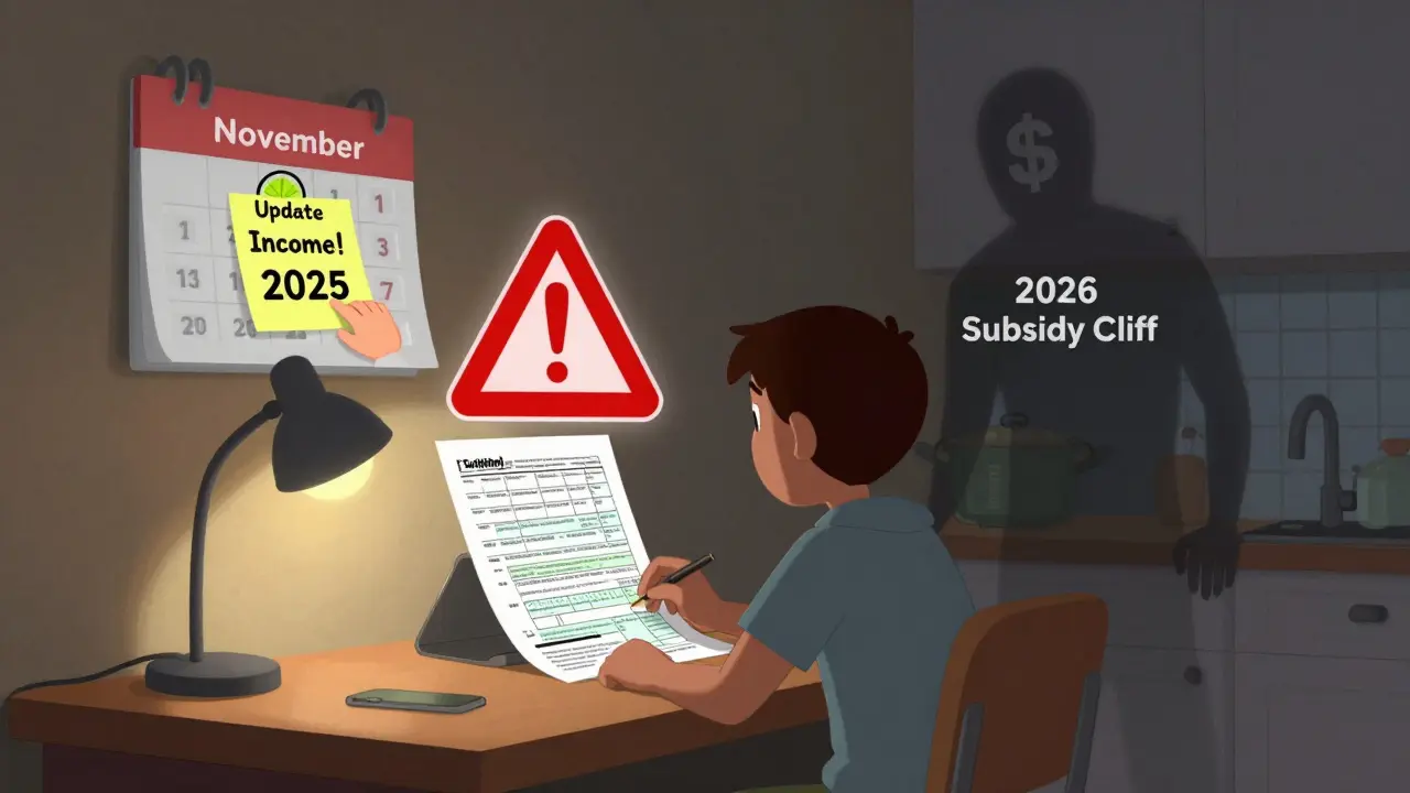 Person at kitchen table facing a tax warning, with '2026 Subsidy Cliff' shadow and November 1 calendar