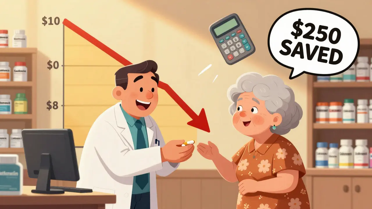 Pharmacist handing a small generic pill to an elderly woman, with a falling price graph behind them.