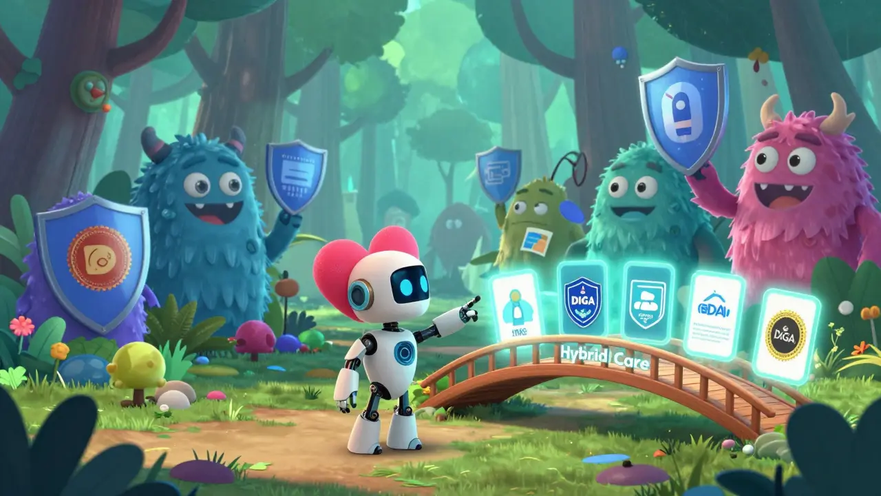 Robot guide leading user across a bridge to real care while data monsters loom nearby