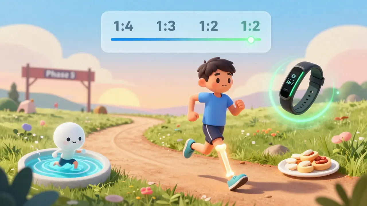 Runner slowly progressing through run-walk phases with healing bone and supportive rehab tools in background.