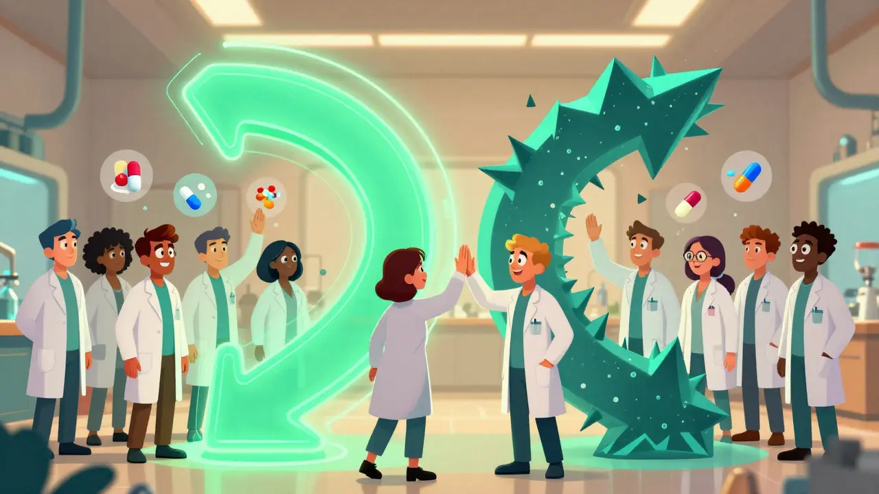 Scientists celebrating as a holographic drug curve splits into safe and unsafe paths with glowing safety zone.