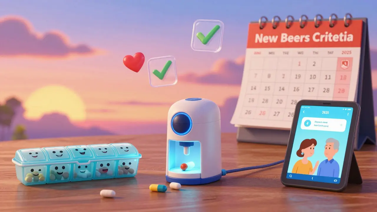 Senior medication tools like pill organizer, dispenser, and app in a warm sunset scene.