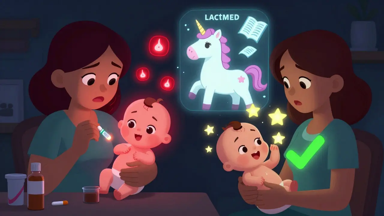 Split scene comparing unsafe codeine use with safe ibuprofen use during breastfeeding, illustrated with cartoon danger and safety signs.