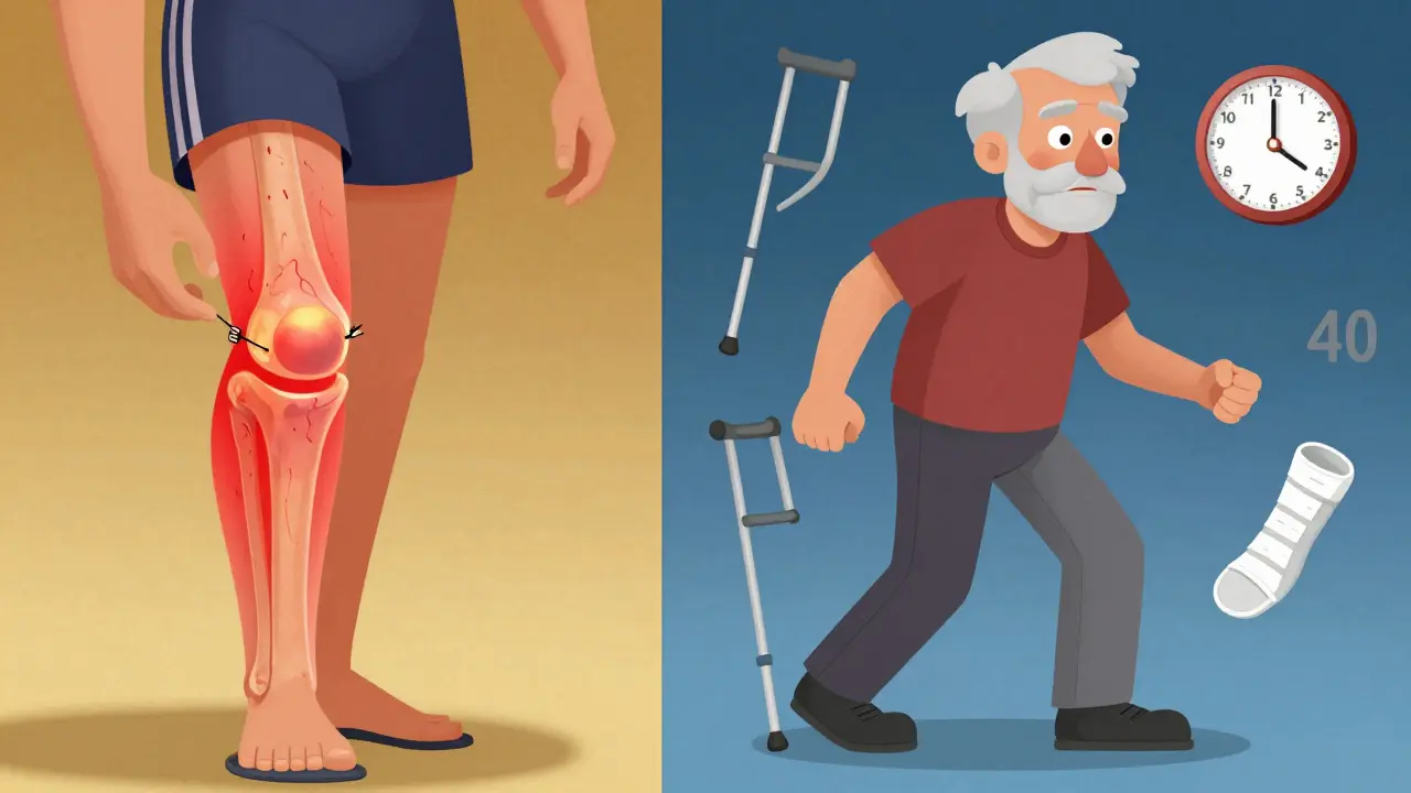 Split-screen of a repairable meniscus tear with glowing blood flow versus a degenerative tear in dull tones.