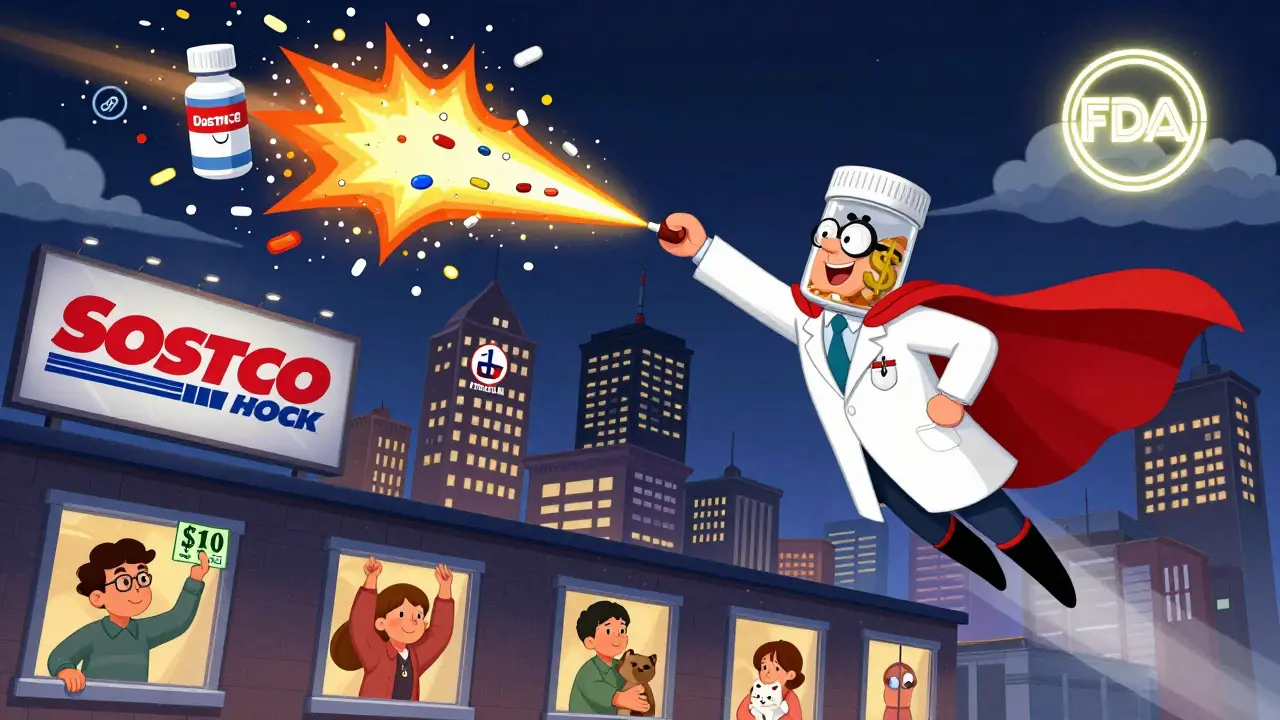 Superhero in a lab coat launches generic meds at exploding brand-name drug billboards.