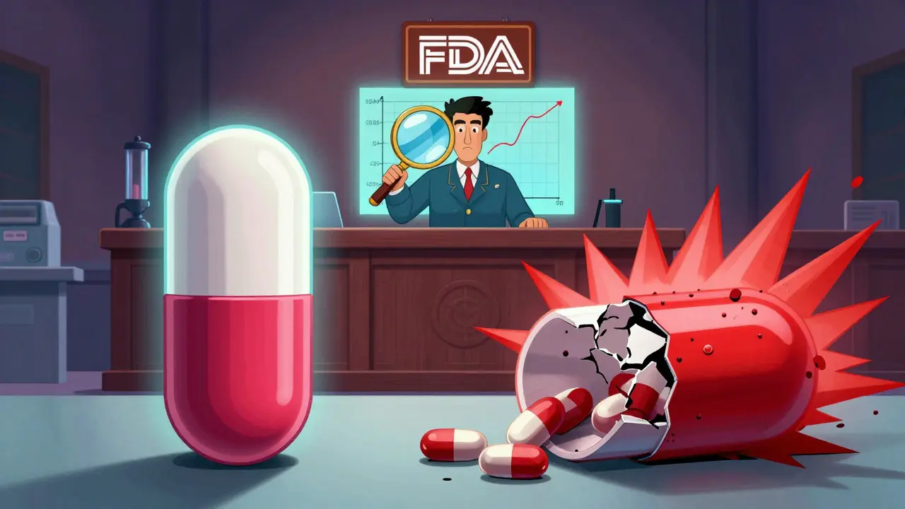 Two pill capsules in a lab courtroom, one steady and safe, the other cracking and spiking dangerously.