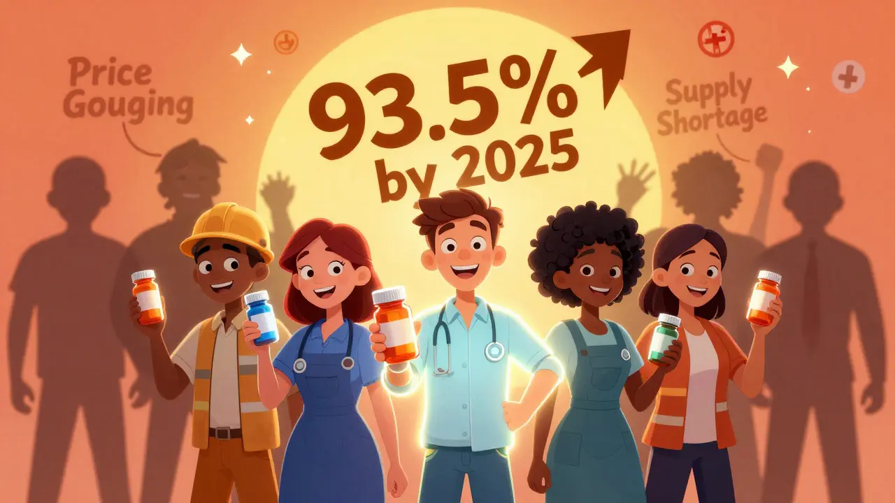 Workers celebrate with generic pills as a rising arrow points to 93.5% generic use by 2025.