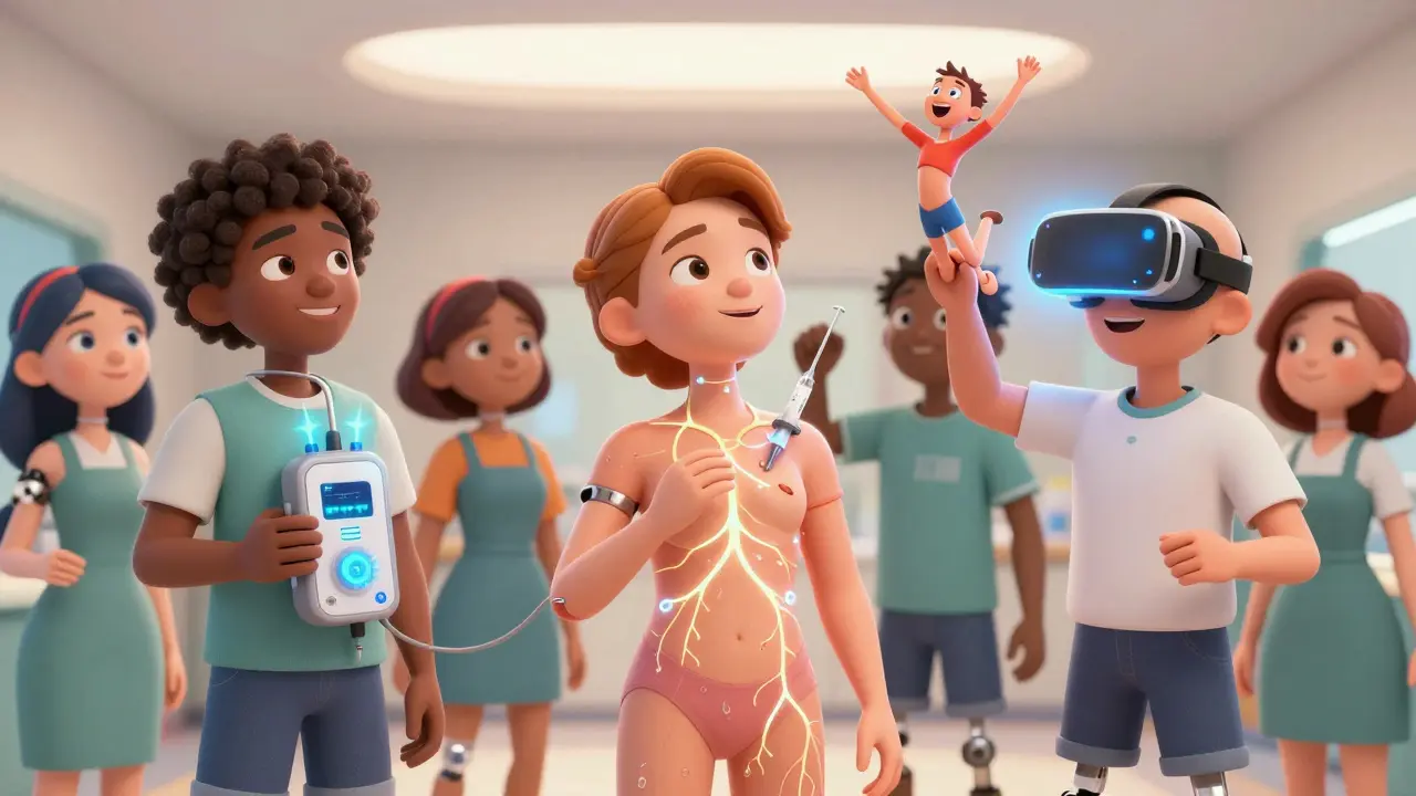 A diverse group of amputees using TENS, Botox, and VR therapy in a clinic, with visible electric pulses and animated phantom limbs.