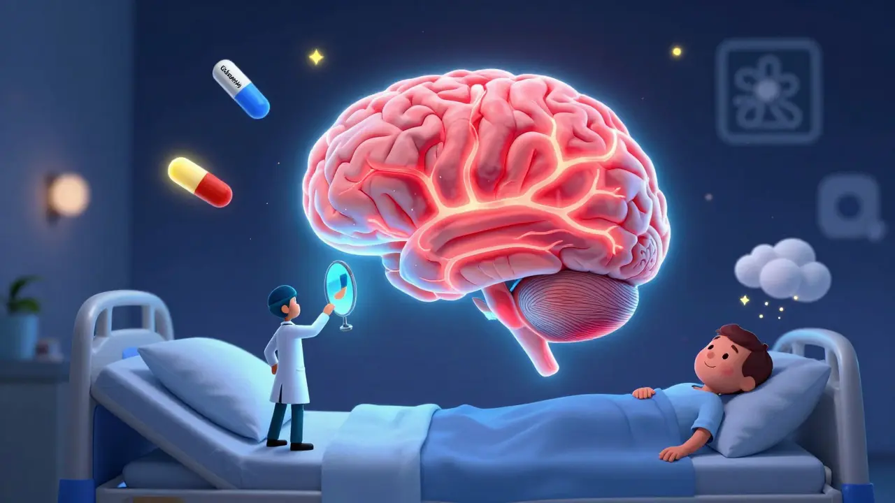 A glowing brain being calmed by mirror therapy and medication, with floating pills and dissolving pain clouds in a whimsical illustration.