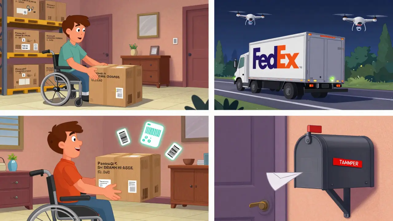 A mail-order package's journey is shown through glowing GPS tracks, warehouse scans, and secure delivery to a locked mailbox.