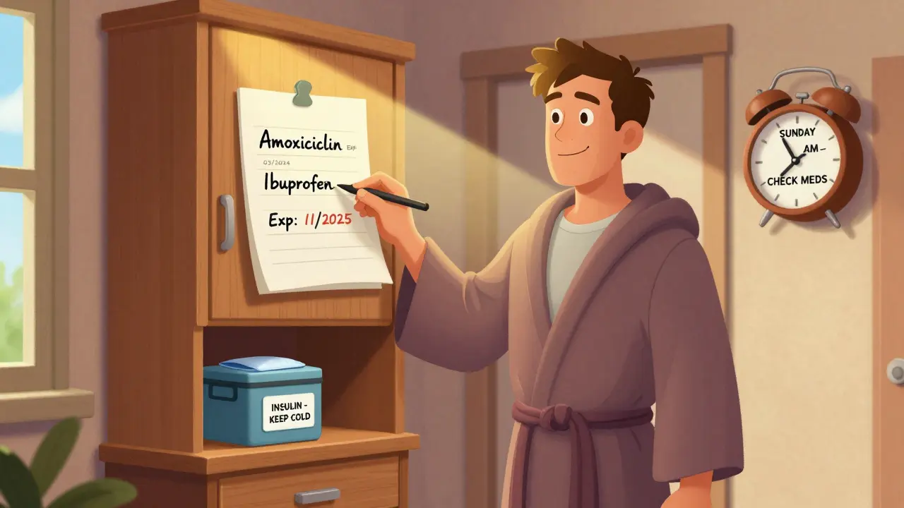 A man tapes a handwritten list of medications and expiration dates inside a cabinet door, with sunlight shining on the paper and a cold pack box below.