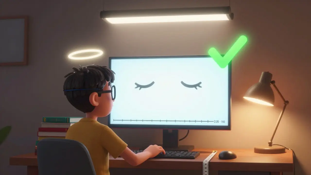 A person adjusting their monitor height with books and a tape measure, surrounded by visual cues of proper screen positioning and lighting.