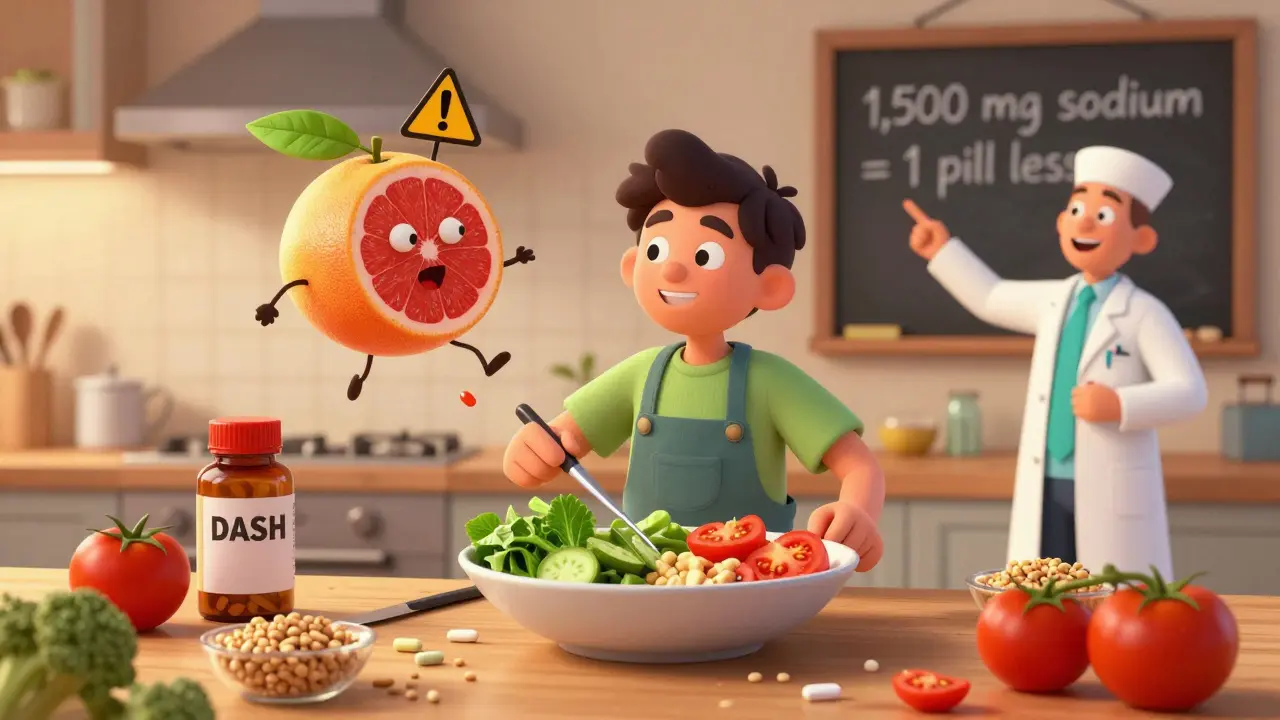 A person cooking a healthy meal as a warning grapefruit floats away from medicine bottles.