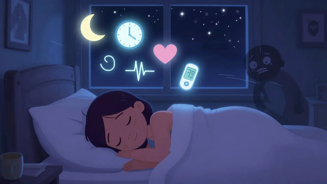 A person sleeping peacefully with glowing health icons above them, stress fading into darkness.