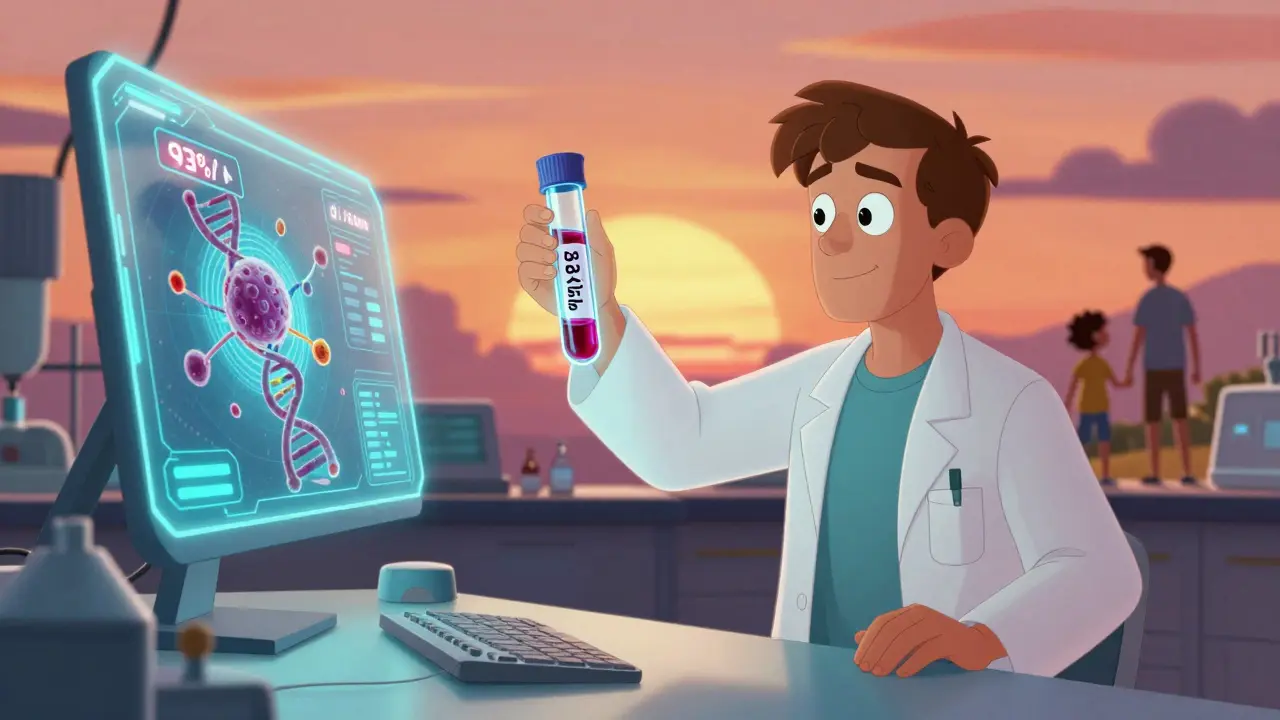 A scientist holding a glowing liquid biopsy vial with tumor DNA swirling inside, as an AI interface displays a match alert.