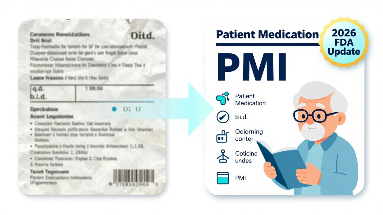 A side-by-side comparison of an old confusing prescription label and a new clear Patient Medication Information label.