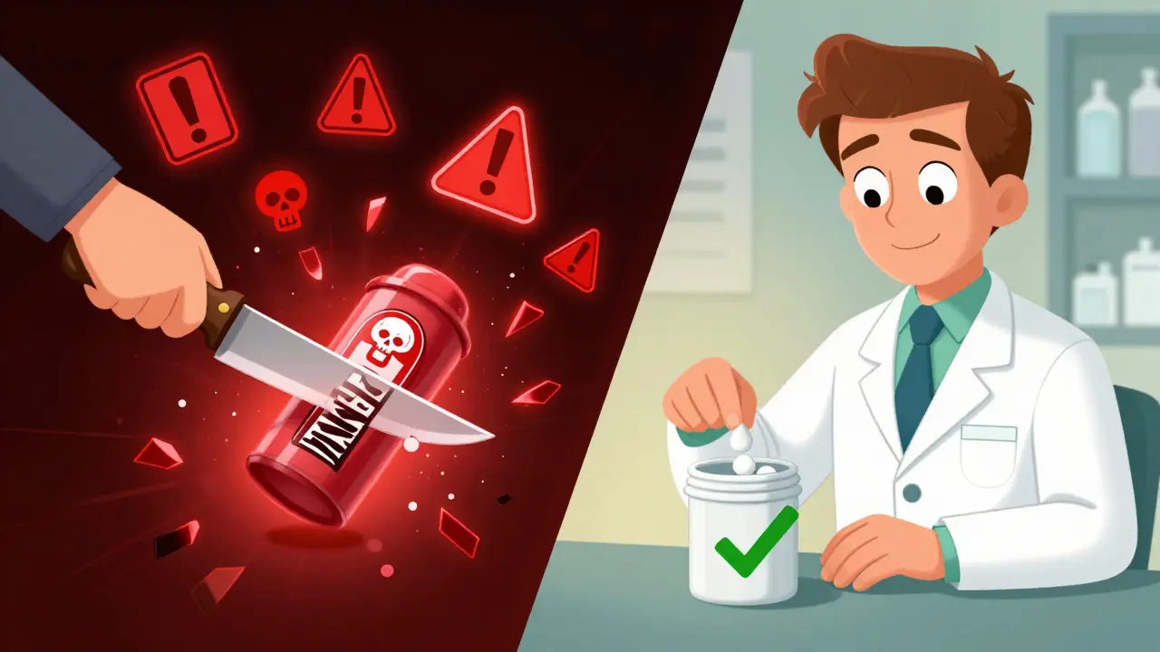 A split time-release capsule bursting dangerously versus a pharmacist safely handling a pill.