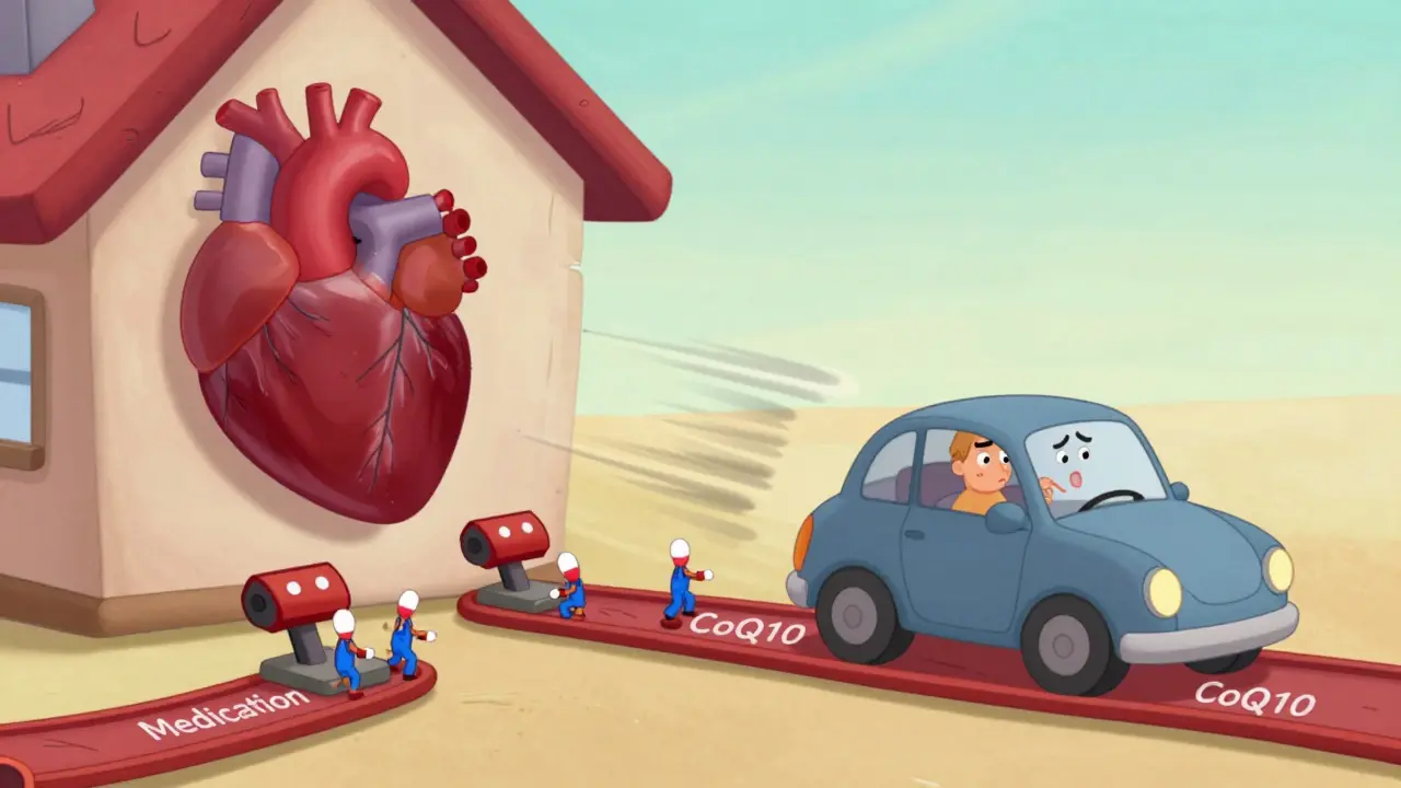 Cartoon body with heart as pump, CoQ10 and blood pressure meds adding brake pressure, subtle motion lines.