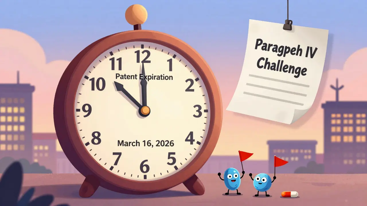 Clock ticking to patent expiration date as generic drug molecules celebrate with legal challenge in shadow.