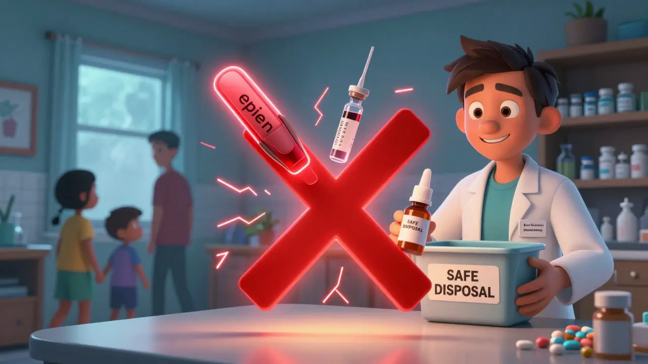 Expired dangerous medications float with warning signs as a pharmacist holds a safe disposal bin, while other medicines sit safely on a dry shelf away from bathroom steam.