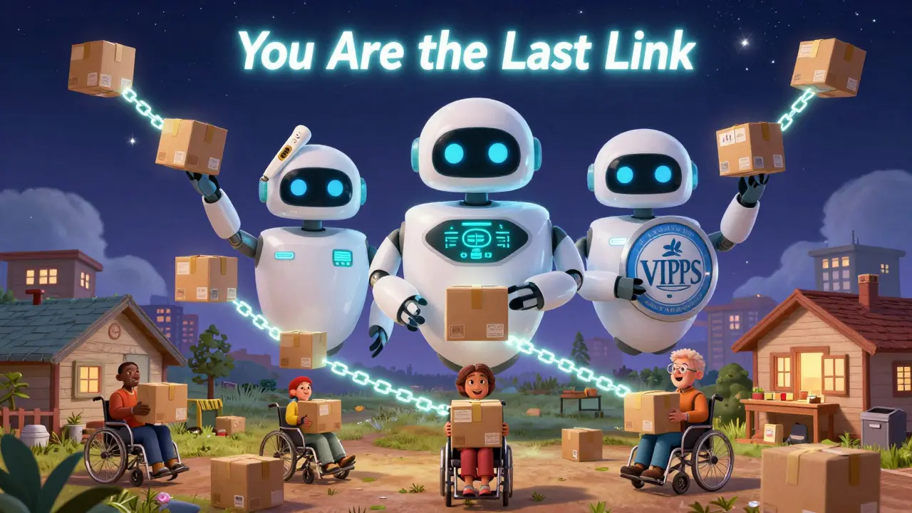 Friendly pharmacy robots guard glowing packages flying through the night, with a blockchain trail connecting patients to safe deliveries.