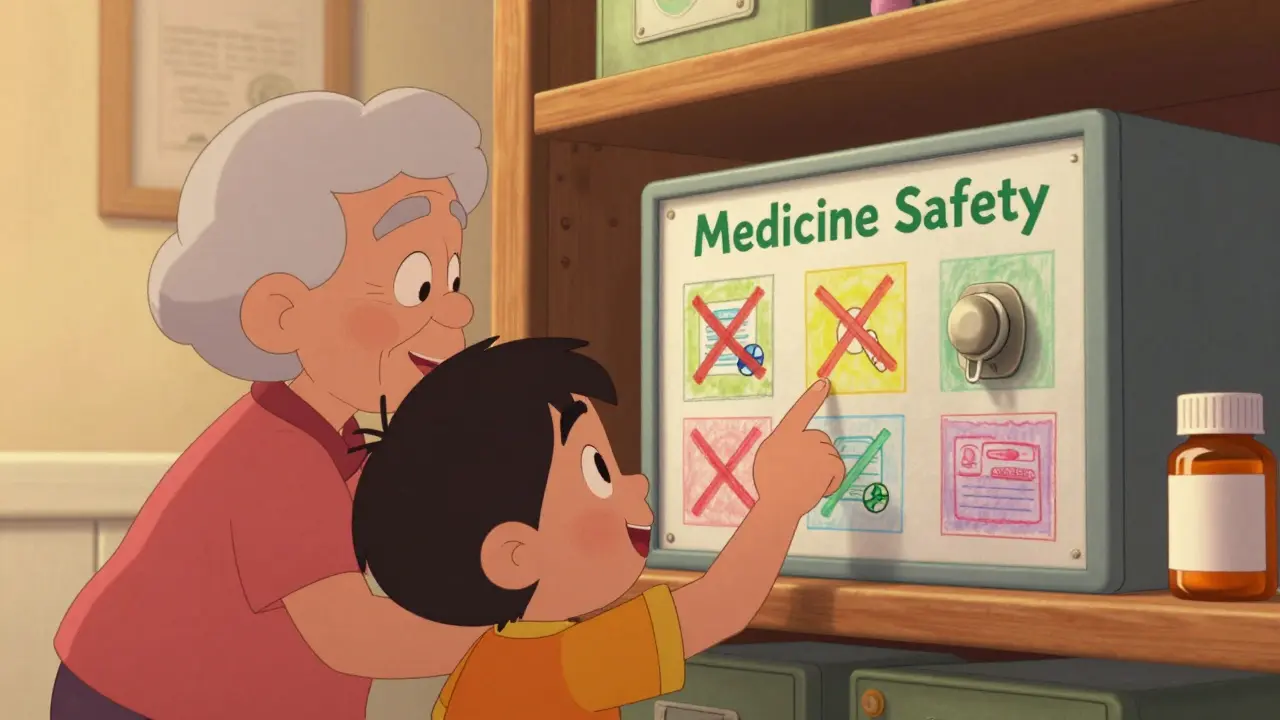 Grandparent and child drawing a medicine safety poster with locked cabinet.