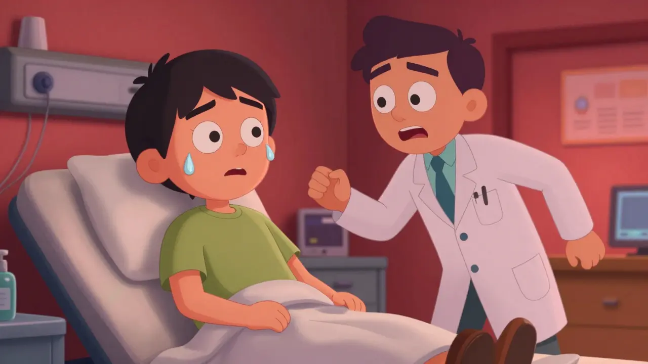 Patient with serotonin syndrome symptoms being helped by doctor in ER.