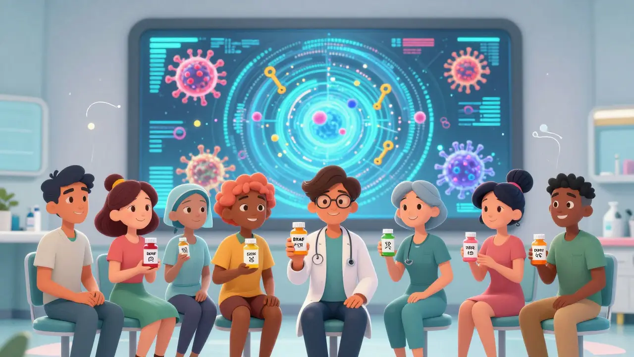 Patients in a clinic holding personalized pill bottles labeled with genetic markers, with genomic data displayed on a screen behind them.