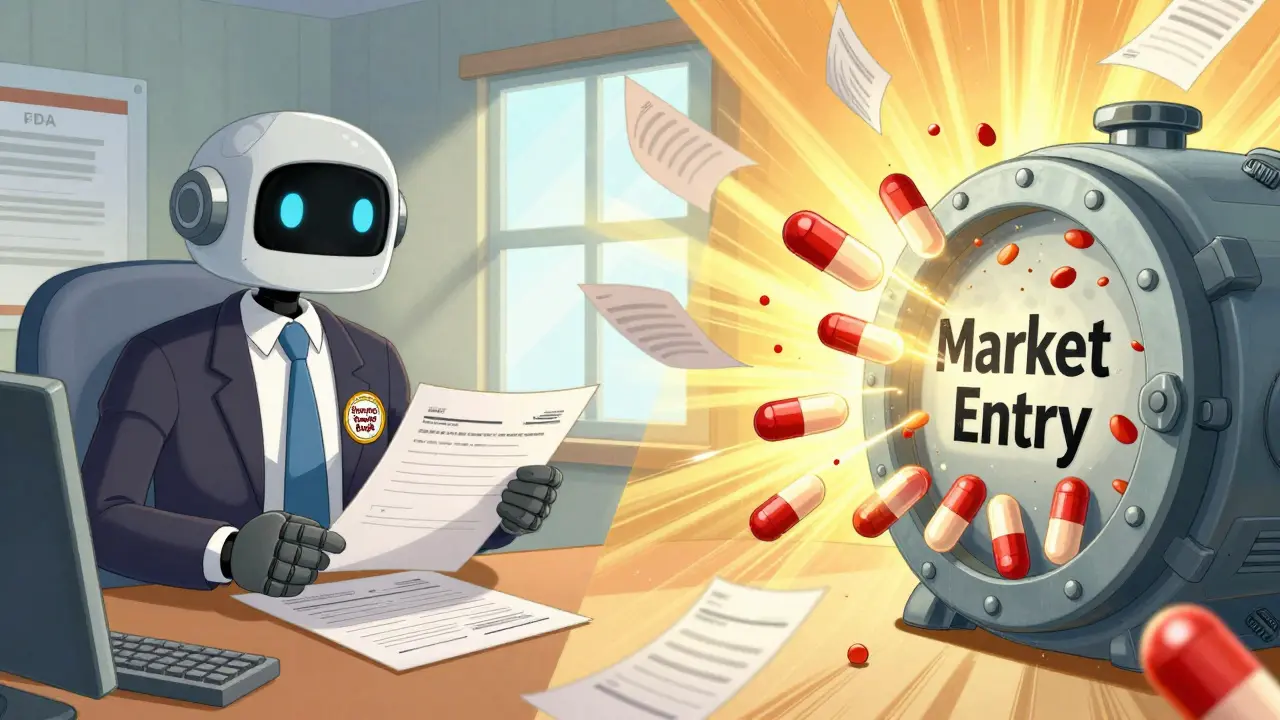 Pharmaceutical executive submitting patent to FDA robot while generic drugs emerge from a vault.
