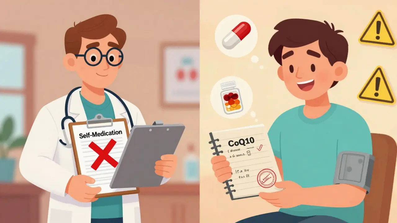 Split scene: doctor saying no to self-medication vs. patient with logbook and doctor's approval stamp.