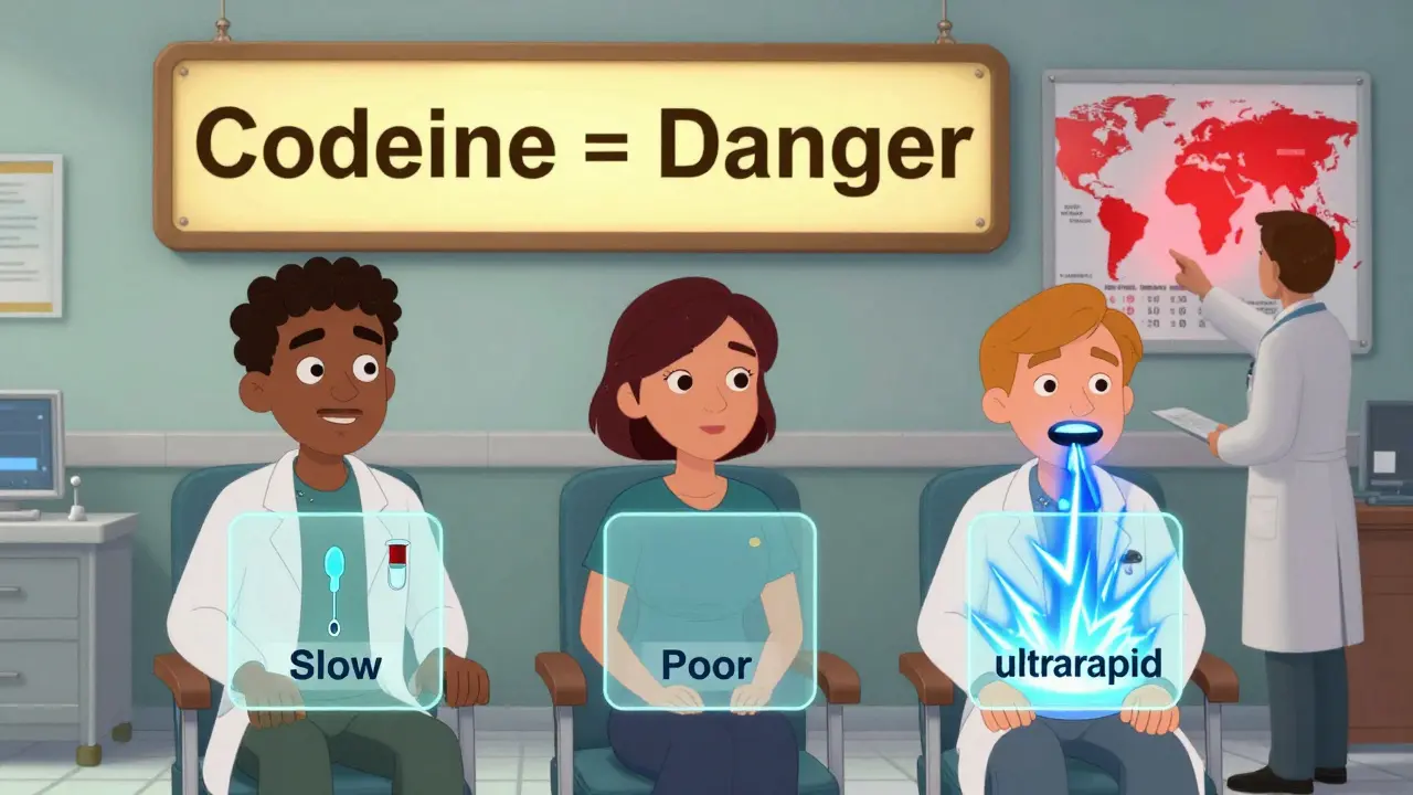 Three people with transparent gene overlays showing different codeine metabolism rates, with a warning sign above.