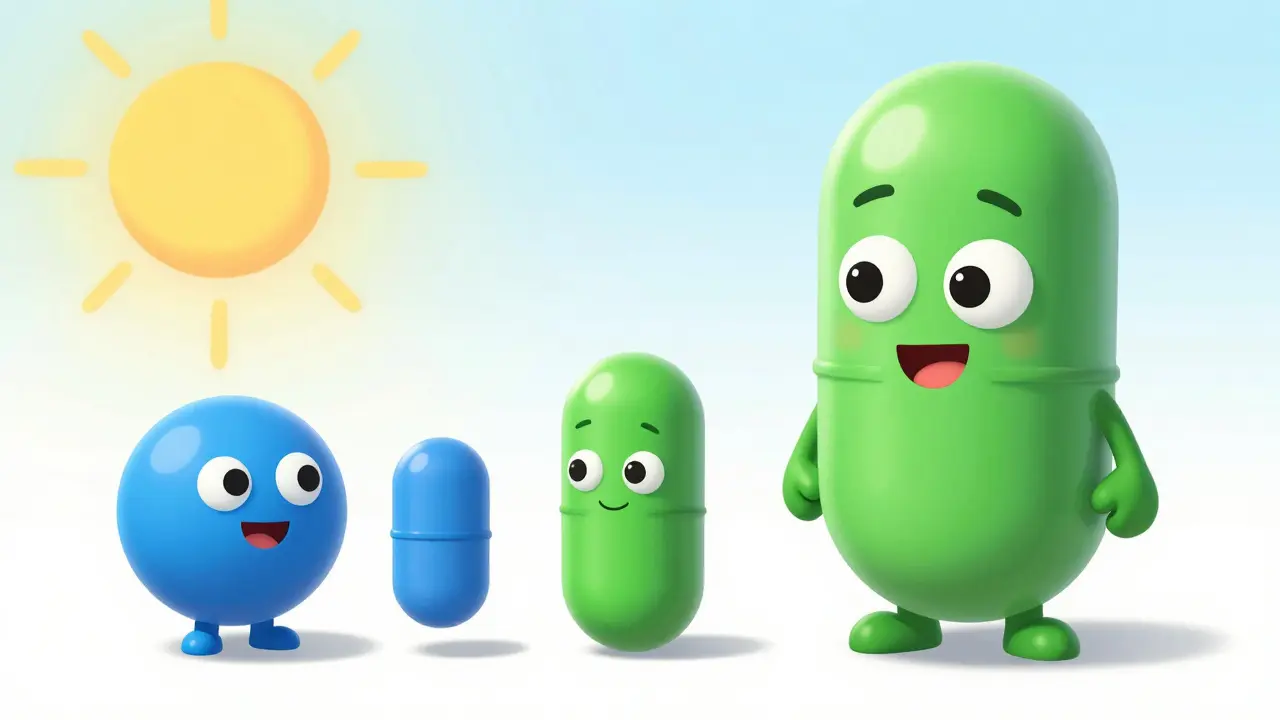 Two pill characters transitioning smoothly during medication switch in DreamWorks style.