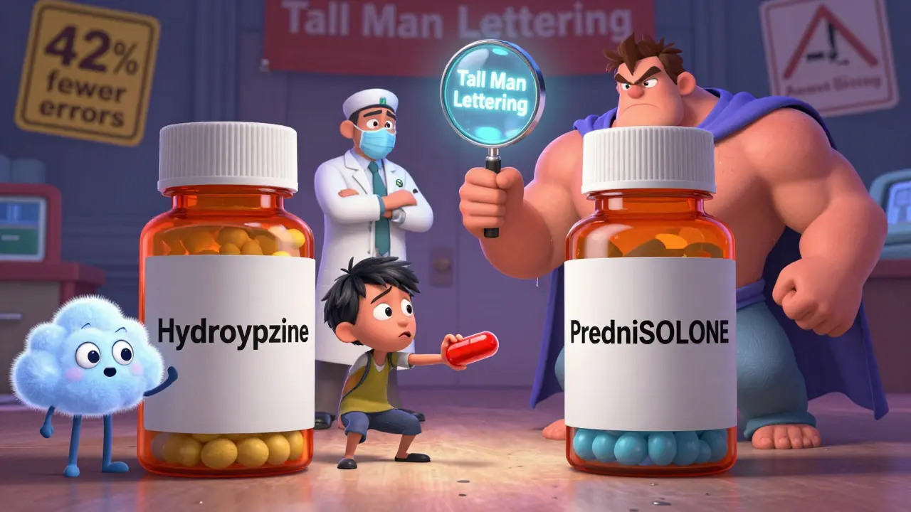 Two similar-looking drug bottles personified as characters, with a pharmacist helping a patient choose the right one.