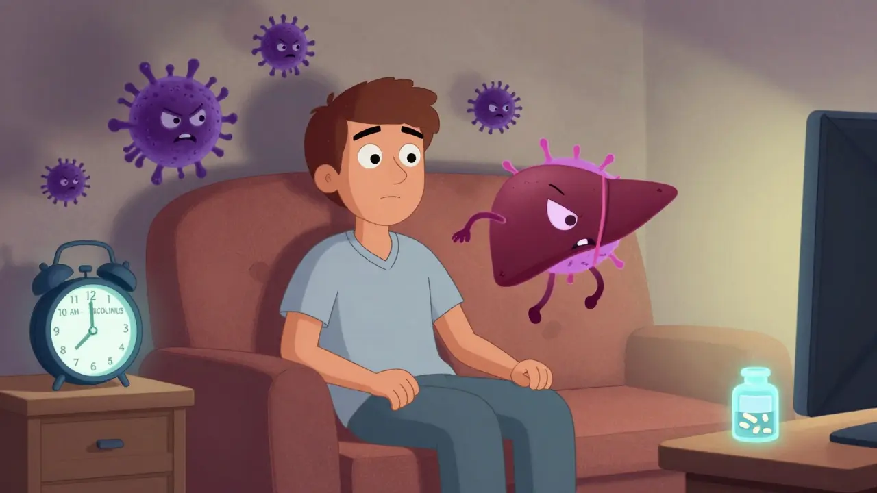 A patient on the couch unaware of shadowy immune cells attacking their liver, with a glowing pill alarm nearby.