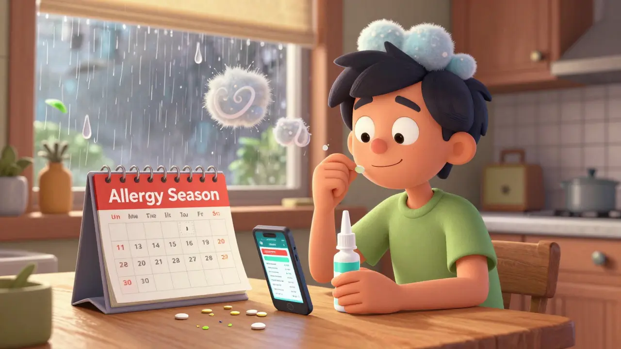 A person taking allergy medication with nasal spray and tracker app, calm amid rising pollen.