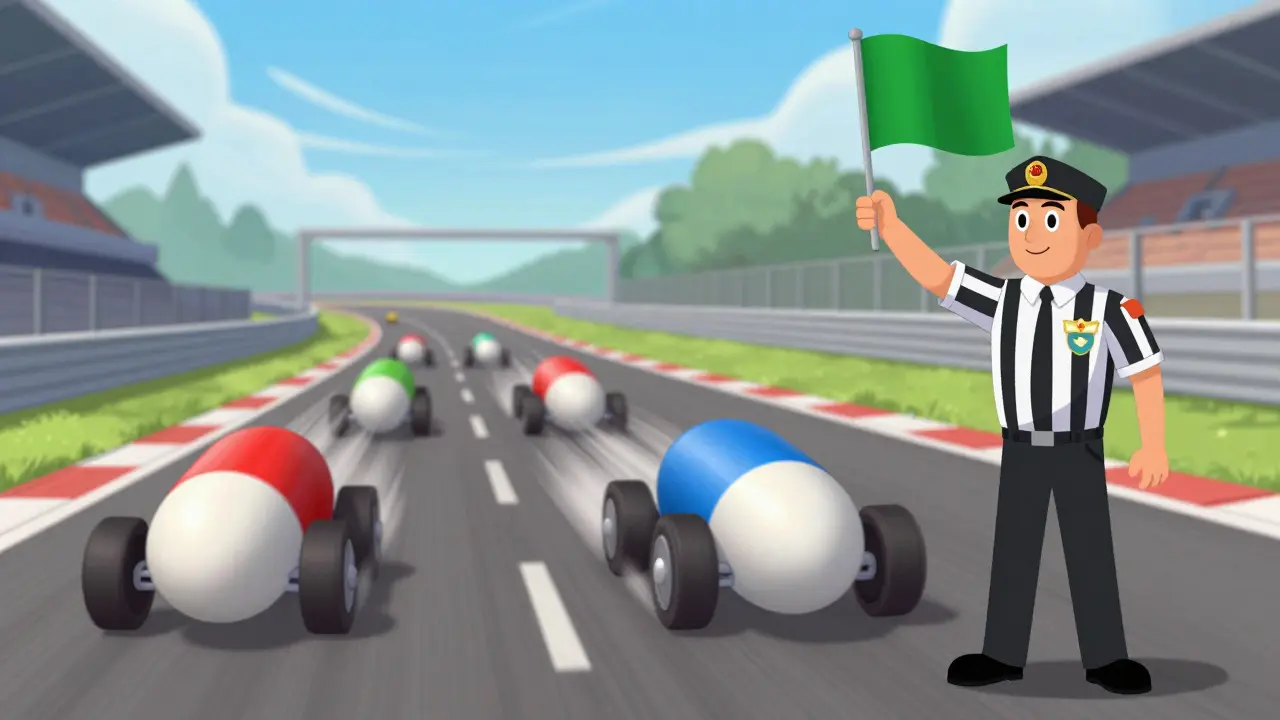 Animated regulators overseeing a race of pharmaceutical products entering market.