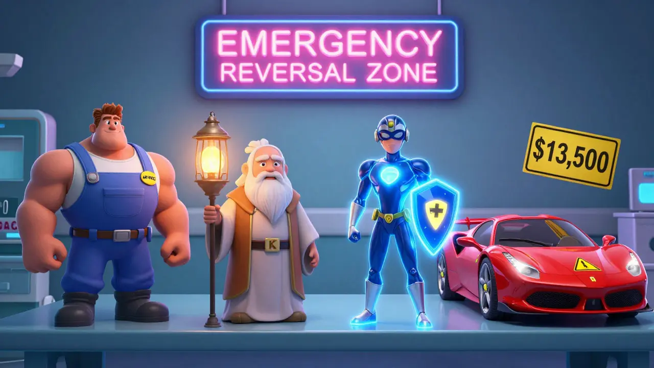 Colorful cartoon characters representing anticoagulant reversal agents on a hospital shelf, each with distinct design and price tag.