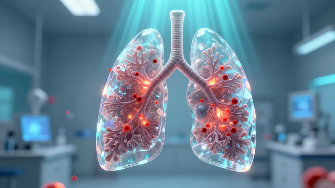 Crystal lung model with light showing damage