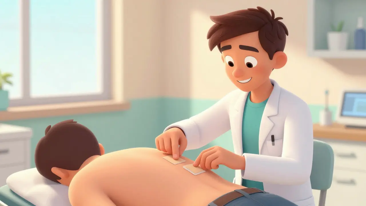 Doctor placing patch test squares on a patient's back.