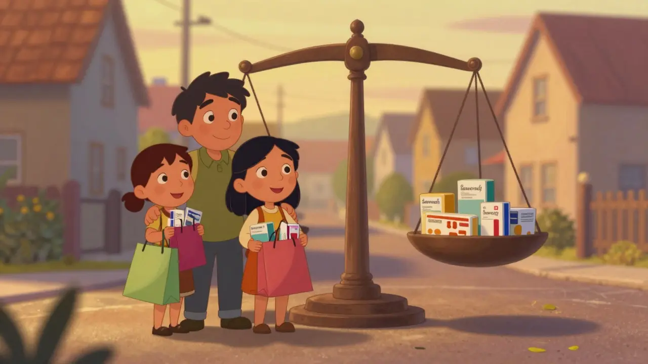 Family holding medicine bags smiling near a balanced scale indicating stability.