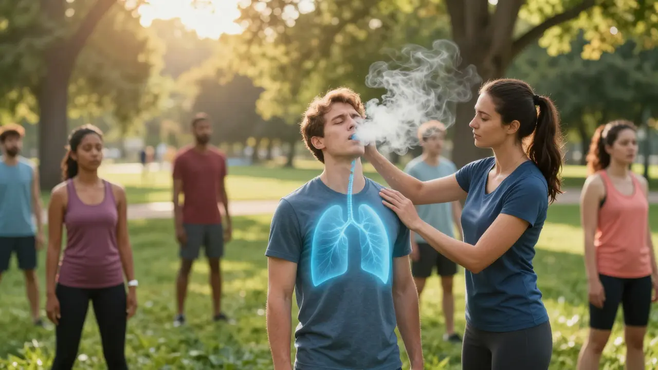 Group exercising outdoors in golden hour sun