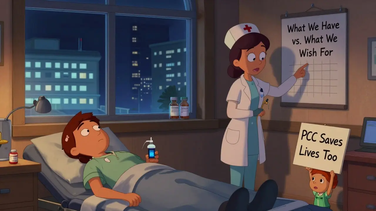 Rural ER nurse giving PCC while distant city hospital shows unavailable reversal agents, warm light contrasts with shadows.