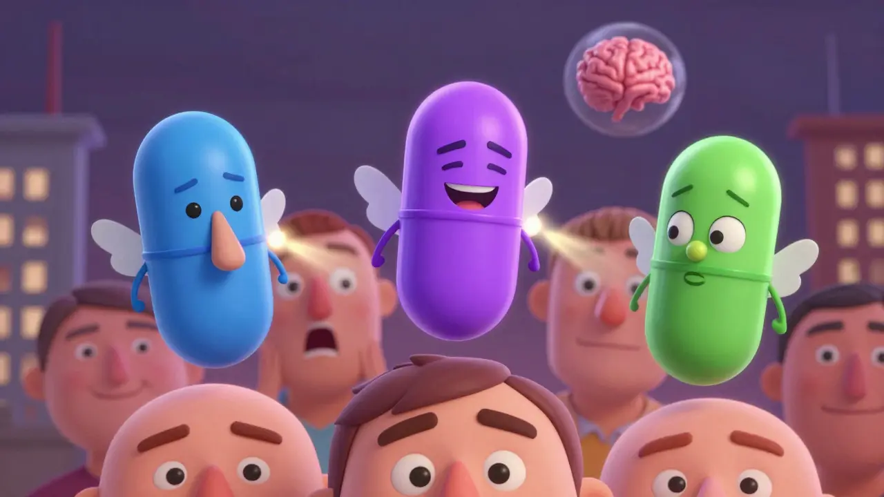 Three colorful antihistamine pills flying above a city, targeting allergy symptoms in the nose and skin.